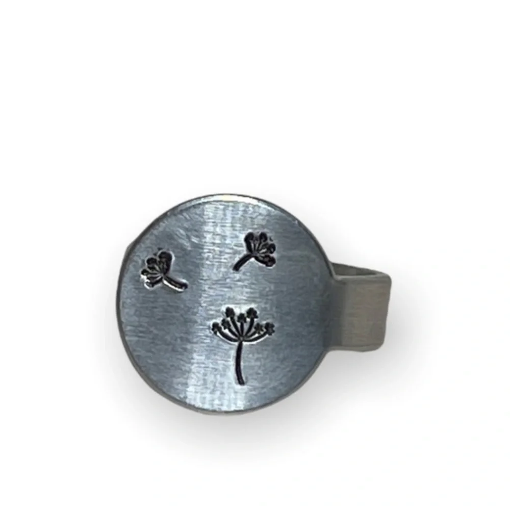 Handmade 9/10 stamped dandelion silver‎ adjustable hypoallergenic medallion ring